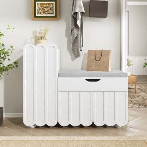 Mobili per scarpe, 3 ante con 1 cassetto e cuscini di seduta imbottiti, ampio spazio di archiviazione, elegante panca portascarpe per corridoio e ingresso, 90 x 35 x 74,5 cm, Bianco