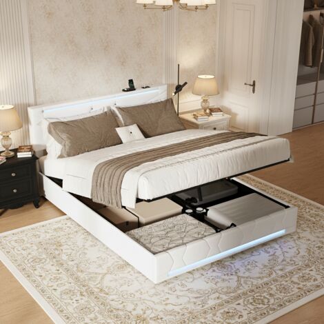 Letto matrimoniale 140x190 cm con contenitore, illuminazione a LED e porta USB, con rete a doghe, lino, stile moderno, beige