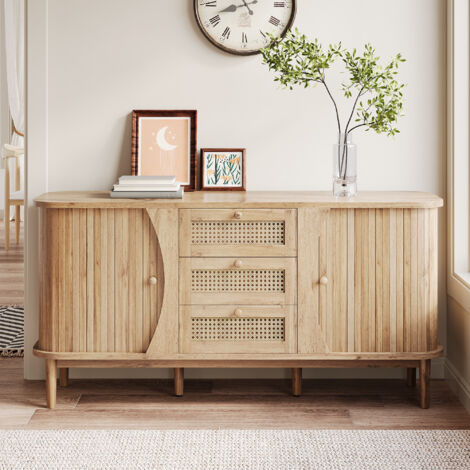 Credenza, mobile contenitore con 3 cassetti e ante scorrevoli in rattan, ripiani regolabili, design moderno, 140x40x76 cm, Naturale