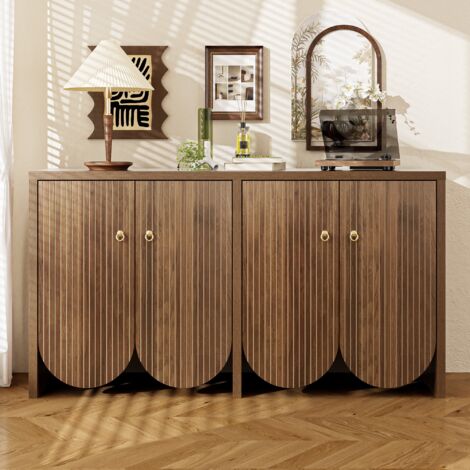 Credenza con 4 ante contenitore, 140 x 40 x 80 cm, ripiani regolabili, maniglie in alluminio, per soggiorno, sala da pranzo, design moderno, Noce