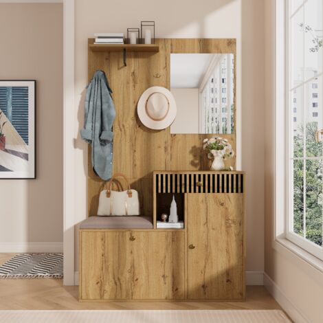 Set mobili da ingresso 185 cm - Set mobili ingresso 4 in 1, con specchio, seduta imbottita, armadio per scarpe, appendiabiti, scaffali, design, Naturale