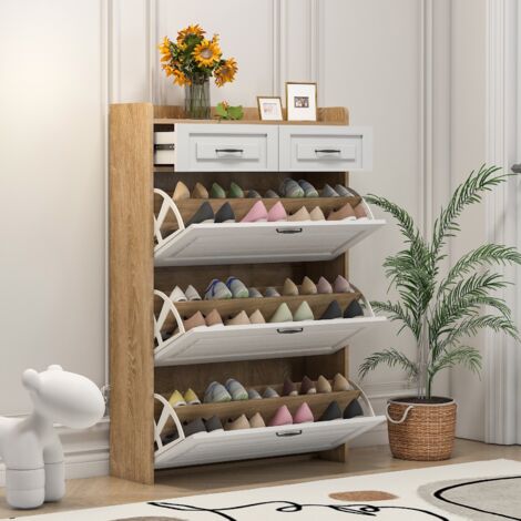 Mobile per scarpe 120 cm, con 2 cassetti e 3 ante ribaltabili, mobile per scarpe in legno, scaffale per scarpe, adatto a ingressi e soggiorni - Naturale (1/5)