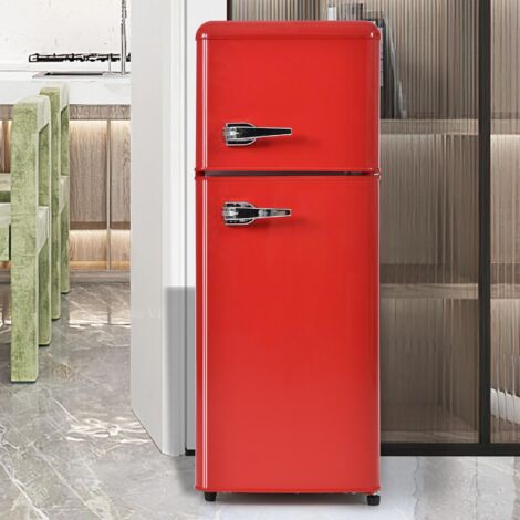 Réfrigérateur rétro 105.5x41 cm - Réfrigérateur-congélateur LED avec 2 portes 92L + congélation 28L - Etagères de porte et étagères en verre. 181 kWh/an - rouge