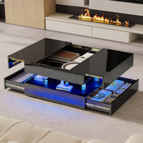 Tavolino Quadrato 78 cm, con Illuminazione LED RGB Telecomandata via App - Piano Brillante, Grande Contenimento - per Salone e Camera - Nero