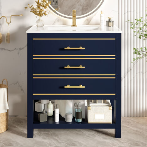 Mobile Lavabo Bagno Indipendente 66 cm, con Vasca in Ceramica - 2 Cassetti e Ripiano Aperto, Maniglie Dorate - Blu (Senza Rubinetteria)