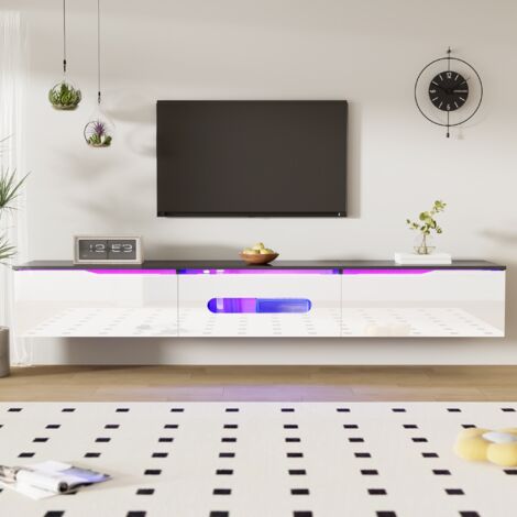 Mobile TV sospeso 180 cm, finitura lucida, contenitori, cerniere Soft-Clean, illuminazione LED 16 colori, mobile TV moderno - Bianco