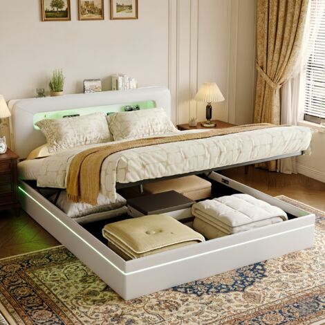 Letto contenitore 160x200 cm - Letto 160x200, 2 posti, letto matrimoniale con testiera contenitore, striscia LED integrata, rete a doghe, velluto - Beige