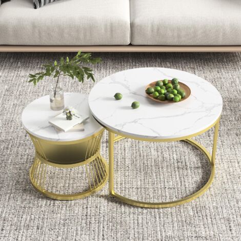 Set di 2 tavolini da salotto sovrapponibili 70/45 cm - motivo marmo, struttura dorata, stile lussuoso - bianco