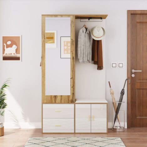 Set guardaroba - appendiabiti da parete con specchio, mobile scarpiera, panca scarpiera con ganci e appendiabiti retrattile - 100x38x180 cm - Bianco