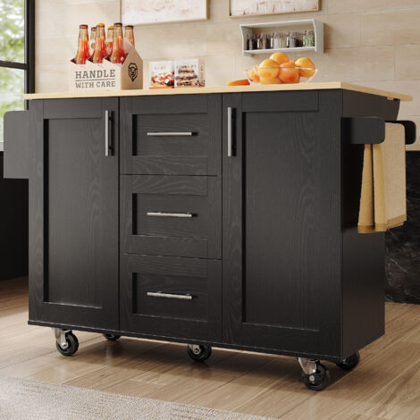 Carrello Cucina Mobile, Isola Mobile con 3 Cassetti e 2 Ante – Piano di lavoro, pannelli laterali e rotelle amovibili - finitura legno - Nero