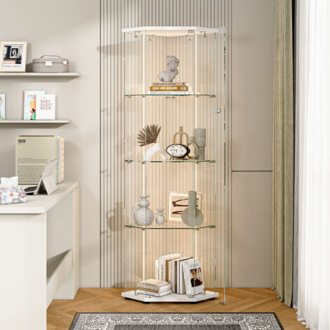 Vetrina in vetro 162 cm - Vetrina da collezione con striscia LED illuminata e spazio espositivo a 3 livelli - Vetrina autonoma, Bianco