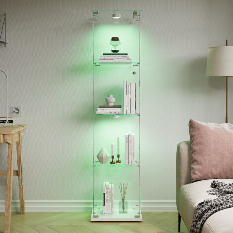 Vetrina in vetro, vetrina indipendente con illuminazione a LED e 4 vani portaoggetti, base in metallo, vetrina di design, bianca