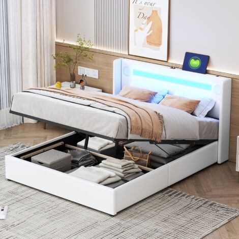 Letto contenitore 160x200 cm - letto matrimoniale 160x200 - Rete a doghe, testiera imbottita con illuminazione LED e ricarica USB, vano di storage - Bianco (1/5)