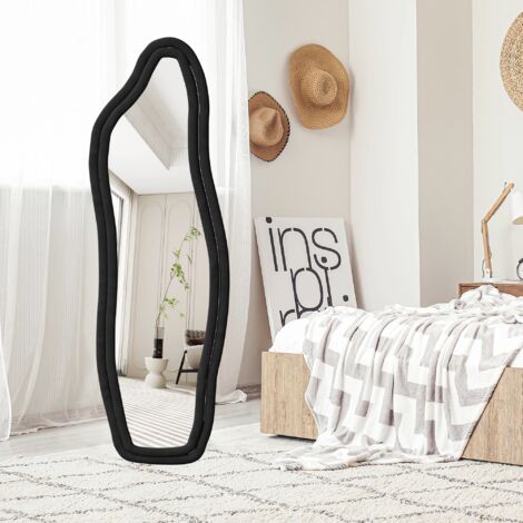 Specchi da terra asimmetrico 140×45 cm - Specchio a figura intera, cornice in velluto tessile con struttura in alluminio robusta - utilizzabile come specchio da parete o a piantana, Nero