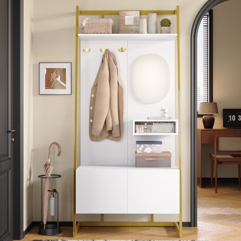 Set mobili da ingresso 180 cm - Con specchio, attaccapanni in metallo, appendiabiti e panchina porta scarpe, Set mobili ingresso, Bianco