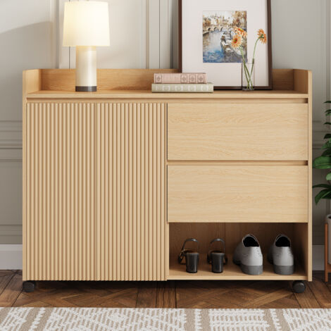 Mobile scarpiera con 2 cassetti e ante, mobile con rotelle girevoli con freno, ripiani regolabili, cerniere con chiusura ammortizzata, 110x35x86 cm, naturale