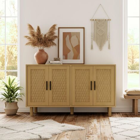 Credenza in Rattan Scandinava 140 cm – 4 Ante, Finitura Legno, Piedi a Colonna e Maniglie Nere – Naturale