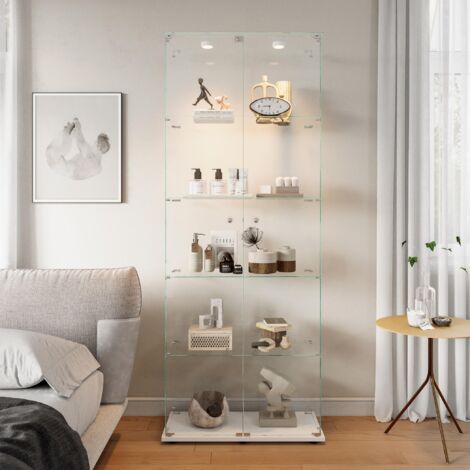 Vetrina espositiva in vetro - Vetrina da collezione con 5 ripiani, striscia LED touch, base in metallo, vetrina autonoma, Bianco