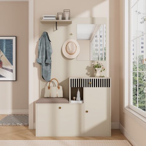 Set mobili da ingresso 185 cm - Set mobili ingresso 4 in 1, con specchio, seduta imbottita, armadio per scarpe, appendiabiti, scaffali, design, Beige