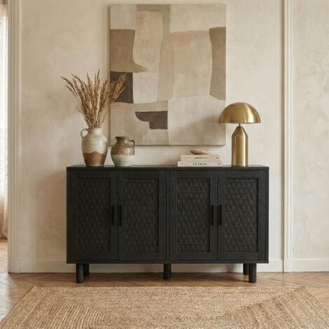 Credenze in rattan 140 cm, mobile contenitore con finitura in vimini 4 ante - Stile country - Nero