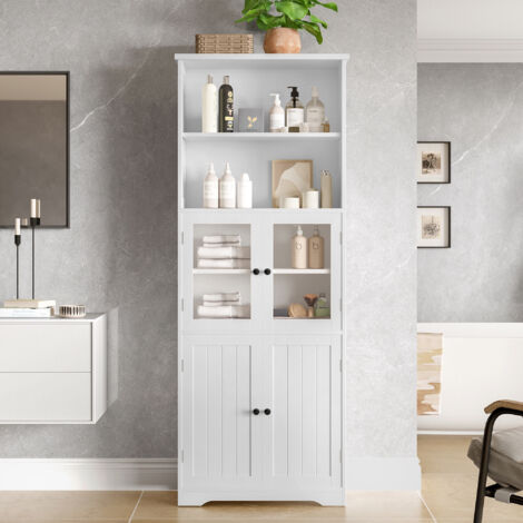 Mobile bagno a colonna, 5 livelli di ripiani, con due divisori removibili, anta in vetro, finitura idrorepellente, 57x28 x160 cm, Bianco