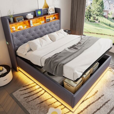 Lit coffre double 160x200cm, Tête de lit Rangement avec LED et recharge USB, Rangement hydraulique, tissu lin, Lit adulte capitonné - Gris (1/5)