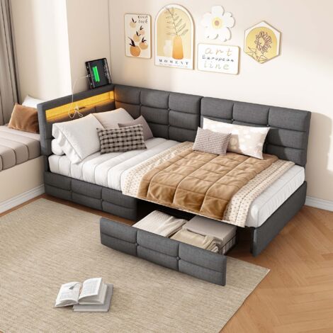 Letto singolo 90x200 cm - Letto imbottito con 2 cassetti e luci LED cangianti, porta di ricarica USB, rete a doghe, design moderno, Grigio