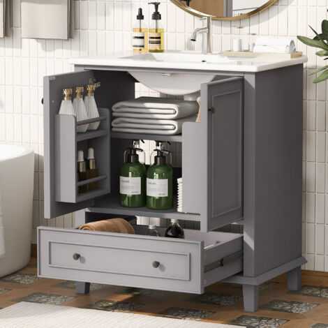 Mobile bagno con piano top 76 cm, lavabo in ceramica integrato, un cassetto e un'anta, resistente a umidità e acqua, Grigio e Bianco