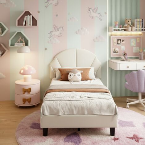 Letto Singolo per Bambini 90x190 cm, Testiera Rotonda Imbottita, Rete a Doghe Inclusa, Design Moderno e Sicuro – Beige