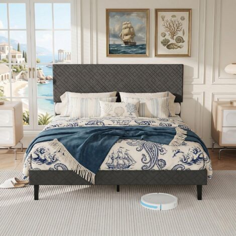 Letto adulti Matrimoniale 140x200 cm con Rete a Doghe, Rivestimento in Lino, Testiera a Righe (Acanalata), Design Nordico – Grigio (1/5)