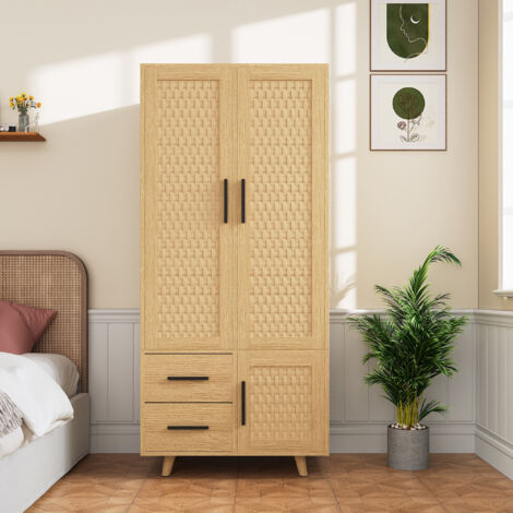 Armadio Guardaroba a 2 Ante e 2 Cassetti, Piedini in Legno – Chiusura Magnetica, Appendiabiti Integrato, Ideale per Camera da Letto, 80x52x166 cm – Naturale