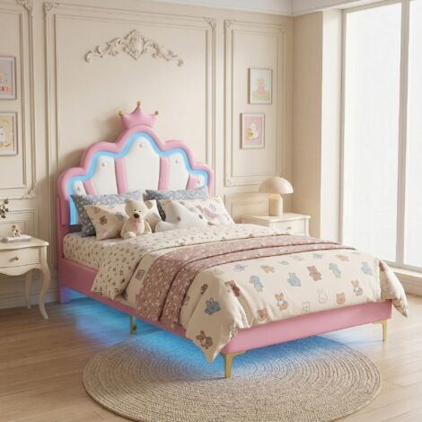 Letto bambino 90x190 cm, letto singolo, letto principessa con testiera a corona e illuminazione LED – rete a doghe, Rosa (1/5)