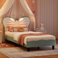 Letto singolo 90x200cm, letto per bambini con rete a doghe, 2 lampade da lettura e caricabatterie USB, testiera a farfalla, design grazioso, verde
