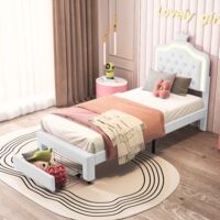 Letto singolo con cassetti 90x200 cm - tessuto similpelle, testiera con corona, letto per bambini con illuminazione a LED e 1 cassetto contenitore, struttura letto, letto per bambini per bambine - Bia