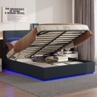Letto contenitore imbottito 140x200 cm - con testiera LED, rete a doghe, tiranti idraulici, rete e rete a doghe in metallo, base in metallo, letto per adulti scandinavo - Nero