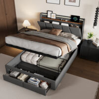 Letto contenitore 140x190 cm, tessuto lino, letto matrimoniale con rete a doghe, testata letto con luce LED e USB, 2 cassetti, ampio spazio di riordino, design, Grigio scuro