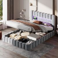 Letto contenitore imbottito 180x200cm, velluto, Letto matrimoniale con porta di ricarica USB/Type-C e testiera con illuminazione a LED, rete a doghe, letto per adulti - Grigio