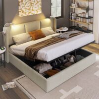 Letto contenitore matrimoniale 160x200cm, testiera imbottita con 2 luci di lettura e porta di ricarica USB, contenitore, rete a doghe, giroletto, Letto imbottito per adulti, Beige