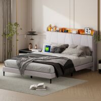 Letto matrimoniale 160x200cm, lenzuola, struttura letto con testiera contenitore con 2 USB / 1tpcy-c, illuminazione LED, rete a doghe, letto imbottito per adulti - Grigio