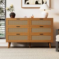 Commode à 6 tiroirs - Commode en rotin, avec poignées en métal, pour chambre à coucher, salon, buffet haut, vintage - 120x76.5x40cm, Marron
