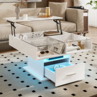 Tavolino, tavolino moderno con funzione di sollevamento, illuminazione LED e ripiani in vetro, scomparti portaoggetti, finitura lucida, tavolino di design, bianco