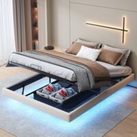 Letto contenitore 160x200 cm - rete a doghe, letto flottante con illuminazione a LED, senza testiera, letto per adulti in stile moderno - Bianco