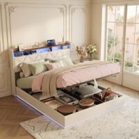 Letto Contenitore Matrimoniale 140x200 cm con Testiera Portaoggetti – LED RGB, Porte USB/Type-C, Rete a Doghe Inclusa – Tessuto in Lino, Design Scandinavo, Beige