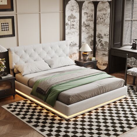 Cama con canapé tapizada de 140x190 cm, con somier de láminas y cabecero remachado, iluminación LED, espacio de almacenaje y lino - Blanco