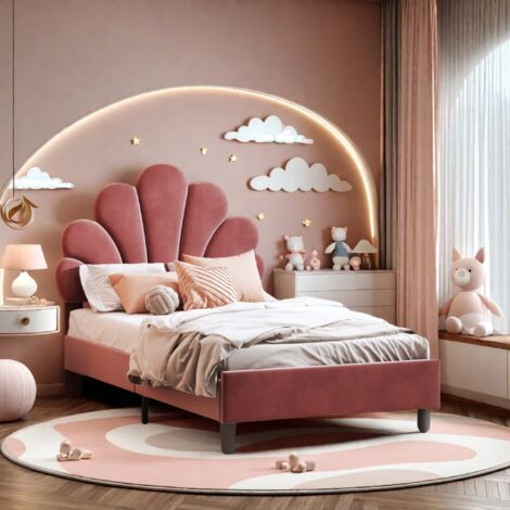 Cama individual tapizada 90x200 cm - Cama infantil con cabecero en forma de flor, Somier de láminas, terciopelo - Rojo
