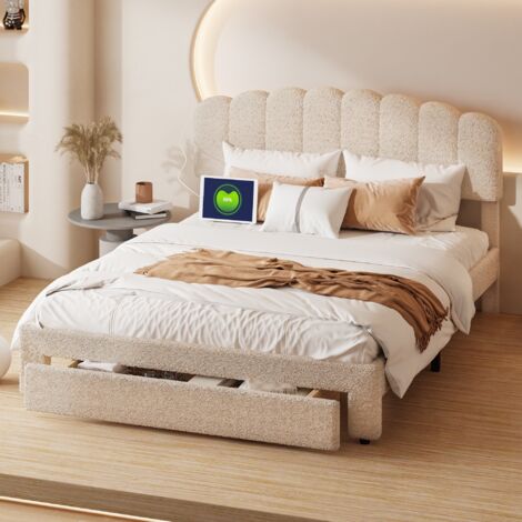 Cama doble con cajón 140x190 cm, con 1 cajón, gran almacenamiento, somier de láminas, cabecero regulable en altura, cama nórdica para adultos, terciopelo, Beige