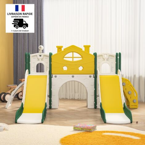 Toboganes 7 en 1 - Zona de juegos de jardín con 2 toboganes, pasarela, escaleras, telescopio, estructura de escalada, Dream City Kids Playground - Verde