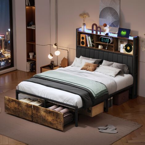 Cama con cajón 160x200 cm, estructura de cama con 2 cajones, puertos de carga USB y Tpyc, cabecero con iluminación LED y compartimentos de almacenamiento, Negro