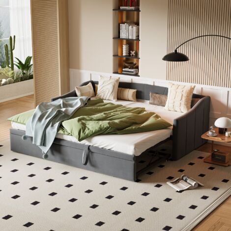 Cama nido de 90 x 180/200 cm, sofá cama convertible, base de láminas, sofá cama doble, cama para adultos de estilo escandinavo, terciopelo, gris