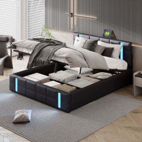 Cama con almacenamiento 140x190 cm, cama doble con almacenamiento, cabecero con iluminación LED integrada y puerto USB, canapé de láminas, imitación cuero - Negro